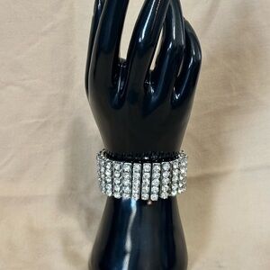 Vintage 1960’s 5 Row of Rhinestones Elegant Silver Stretch Bracelet 1 inch Wide